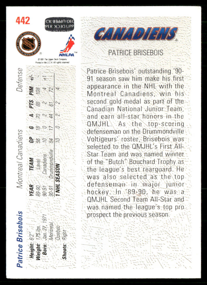 Patrice Brisebois 1991-92 Upper Deck #442 Montreal Canadiens