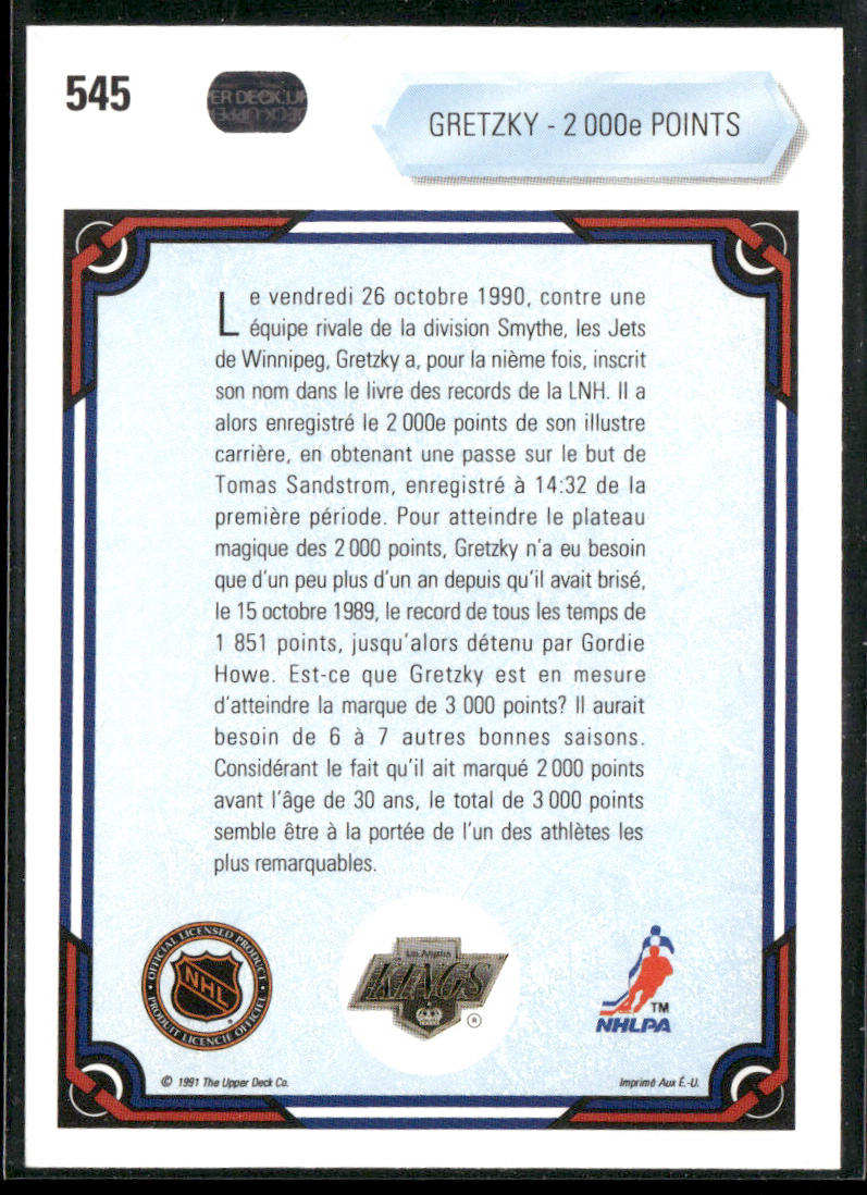 Gretzky - 2 000e Points 1990-91 Upper Deck French #545b Los Angeles Kings