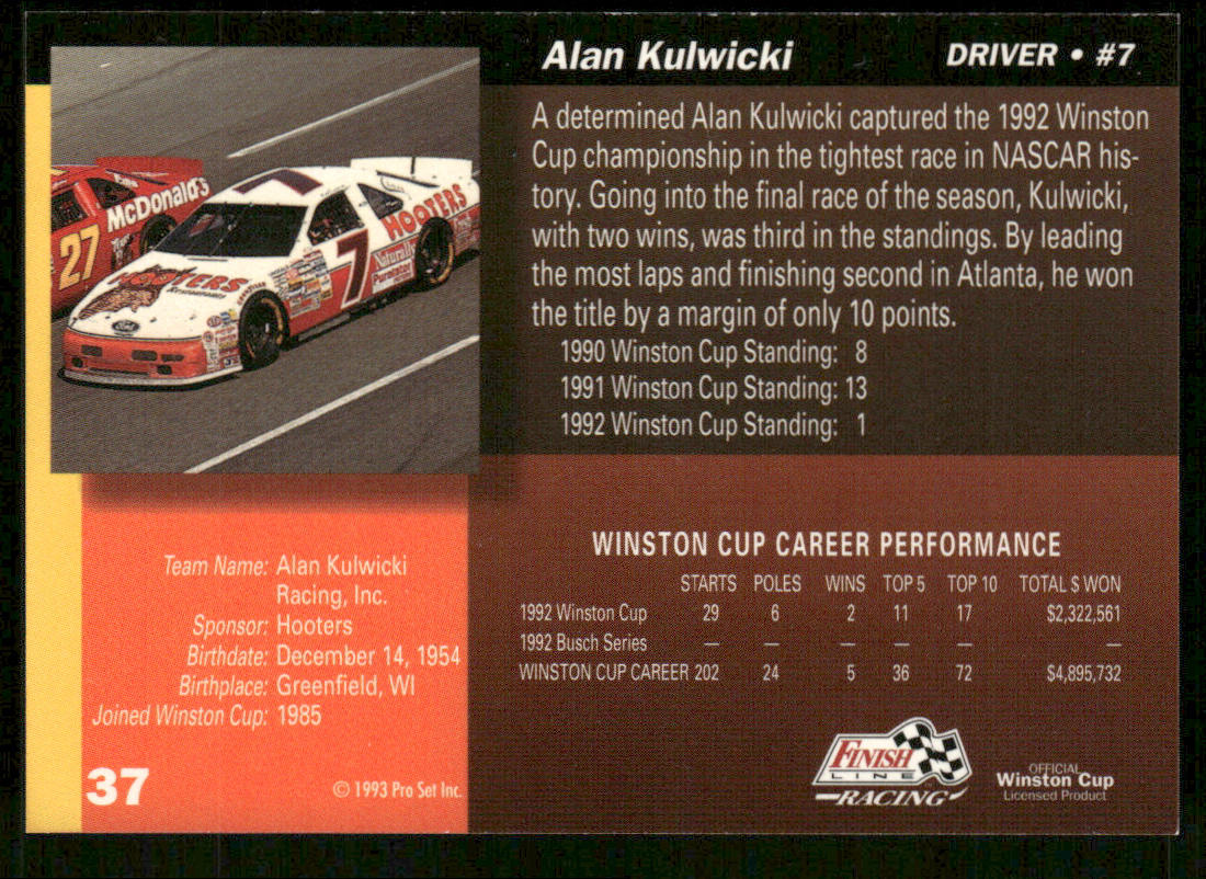 Alan Kulwicki 1993 Finish Line #37 AK Racing