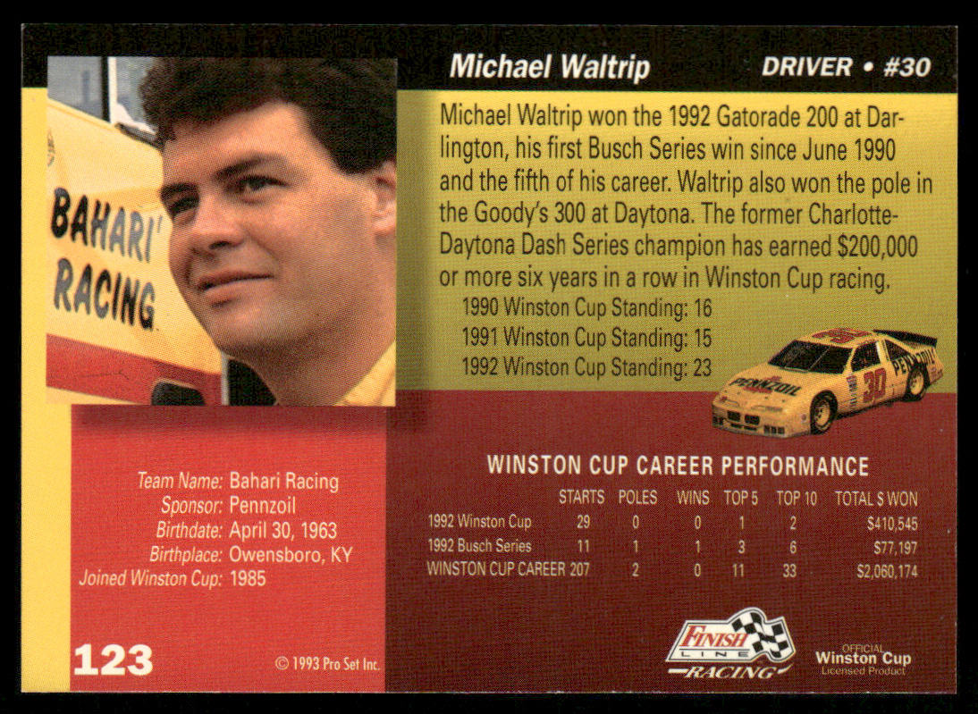 Michael Waltrip 1993 Finish Line #123 Bahari Racing