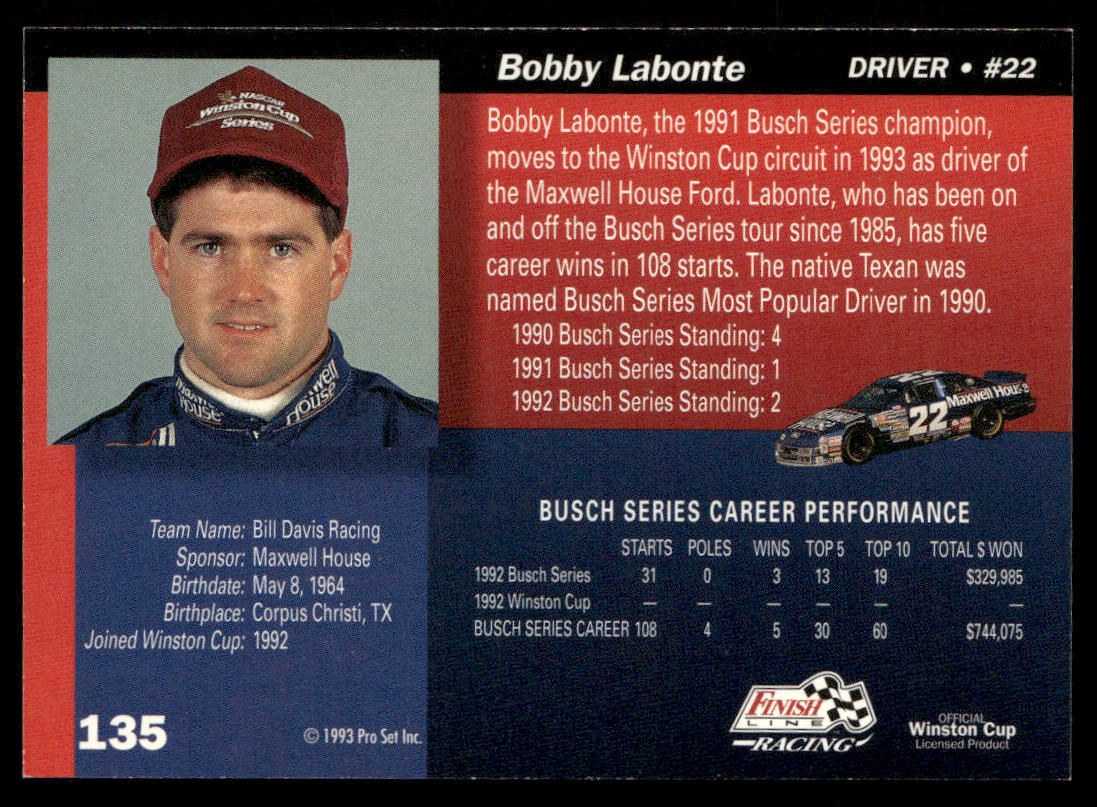 Bobby Labonte 1993 Finish Line #135 Bill Davis Racing
