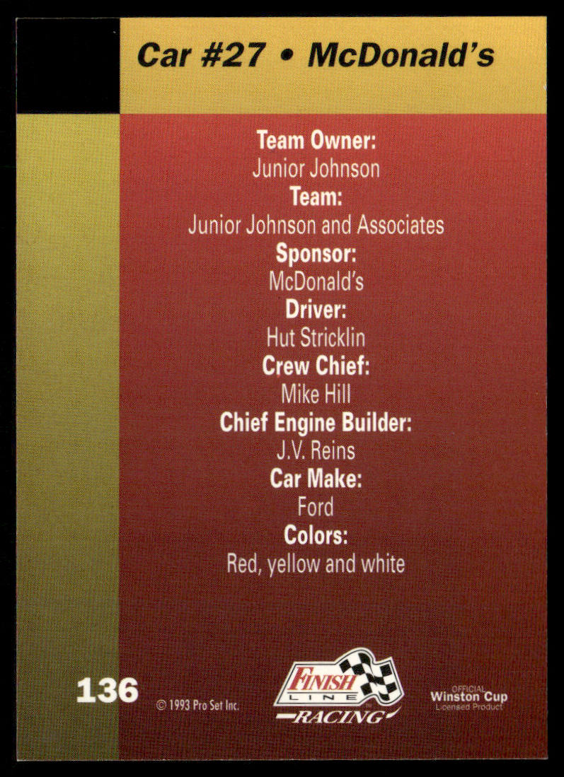 Hut Stricklin's Car 1993 Finish Line #136 Junior Johnson & Associates