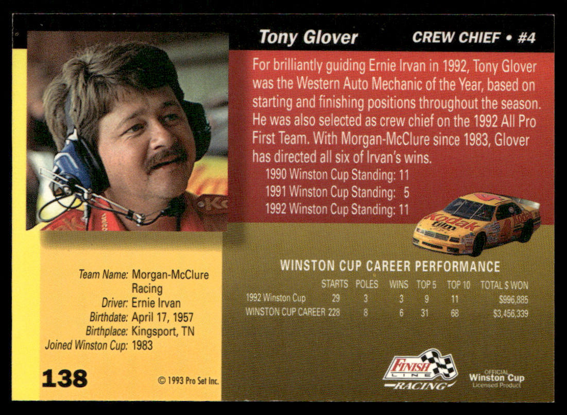 Tony Glover 1993 Finish Line #138 Morgan-McClure Motorsports