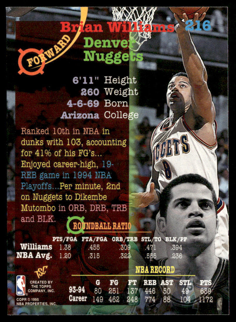 Brian Williams 1994-95 Stadium Club #216 Denver Nuggets