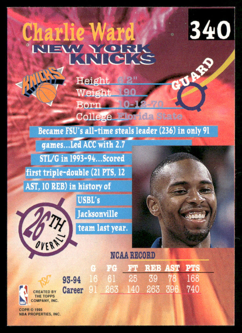 Charlie Ward 1994-95 Stadium Club #340 RC New York Knicks