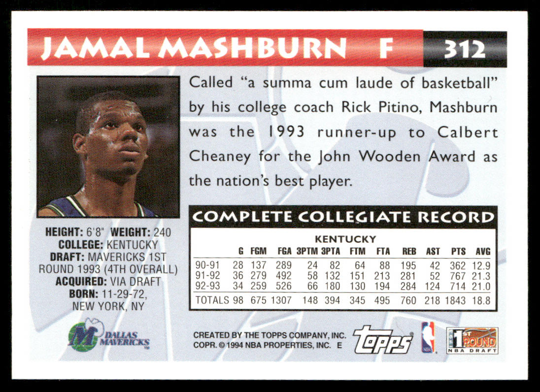 Jamal Mashburn 1993-94 Topps #312 RC Dallas Mavericks