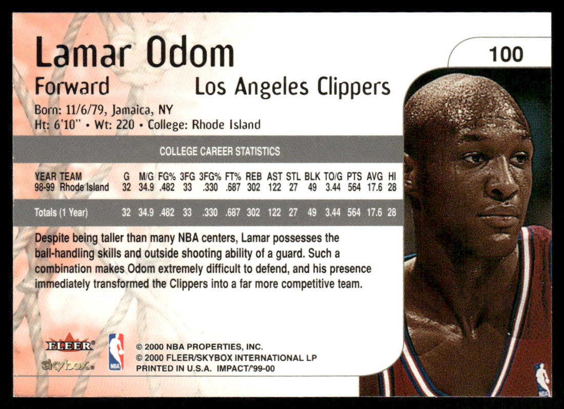 Lamar Odom 1999-00 SkyBox Impact #100 RC Los Angeles Clippers