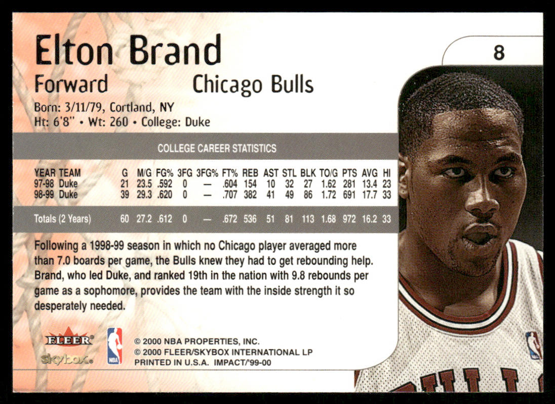 Elton Brand 1999-00 SkyBox Impact #8 RC Chicago Bulls