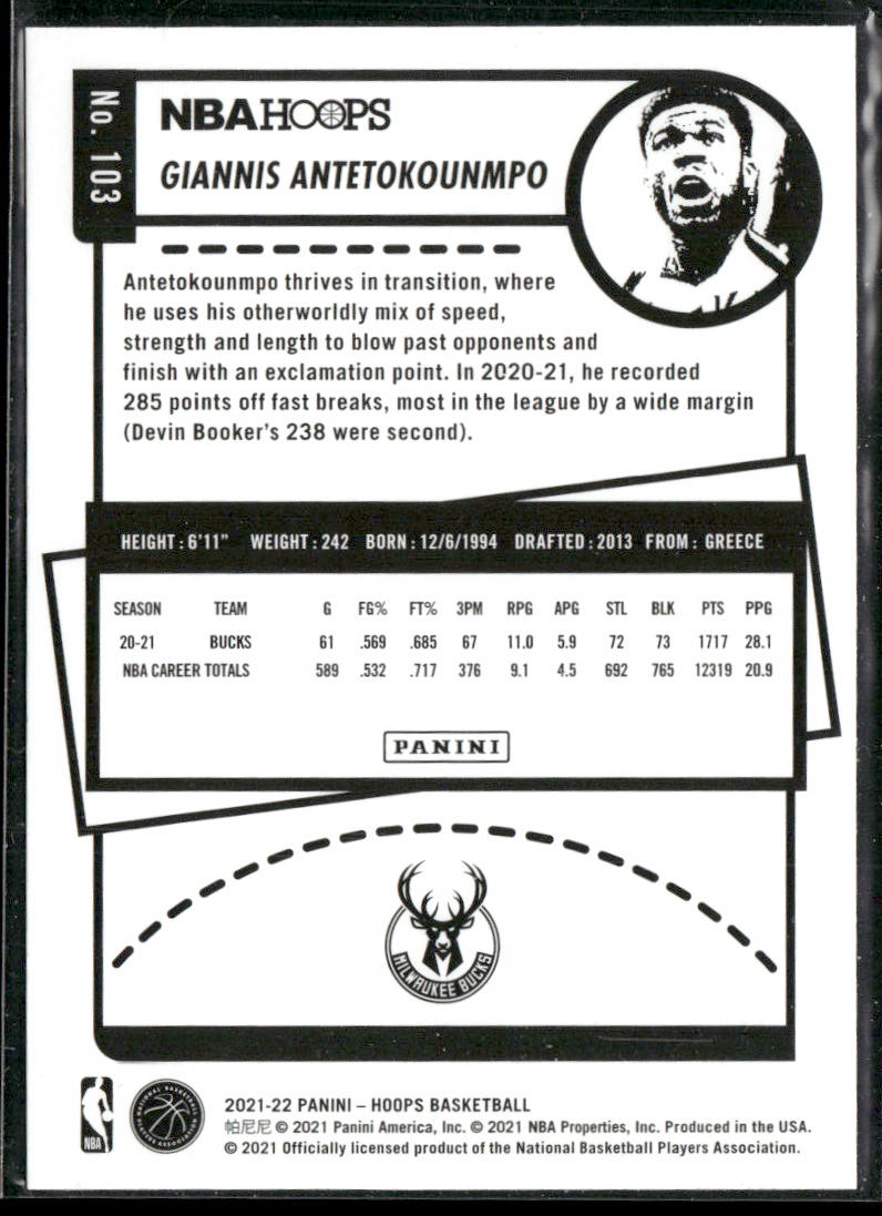 Giannis Antetokounmpo 2021-22 Hoops #103 Milwaukee Bucks