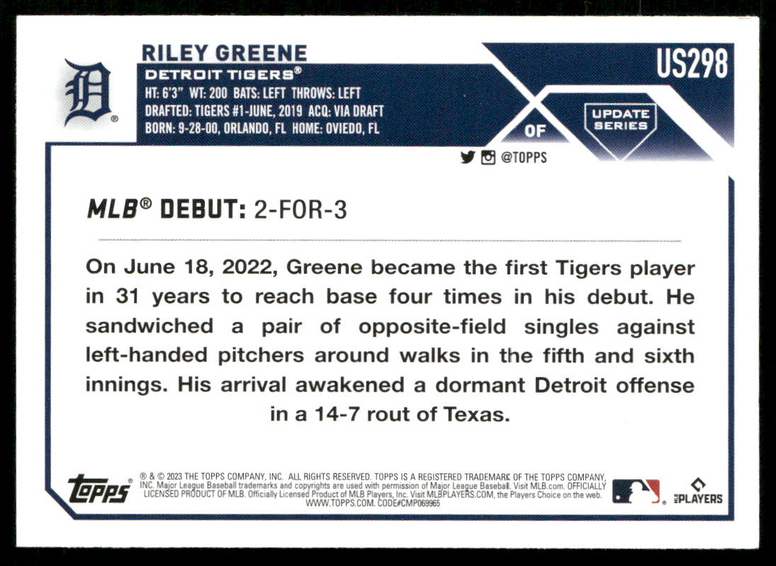 Riley Greene 2023 Topps Update #US298 RC Detroit Tigers