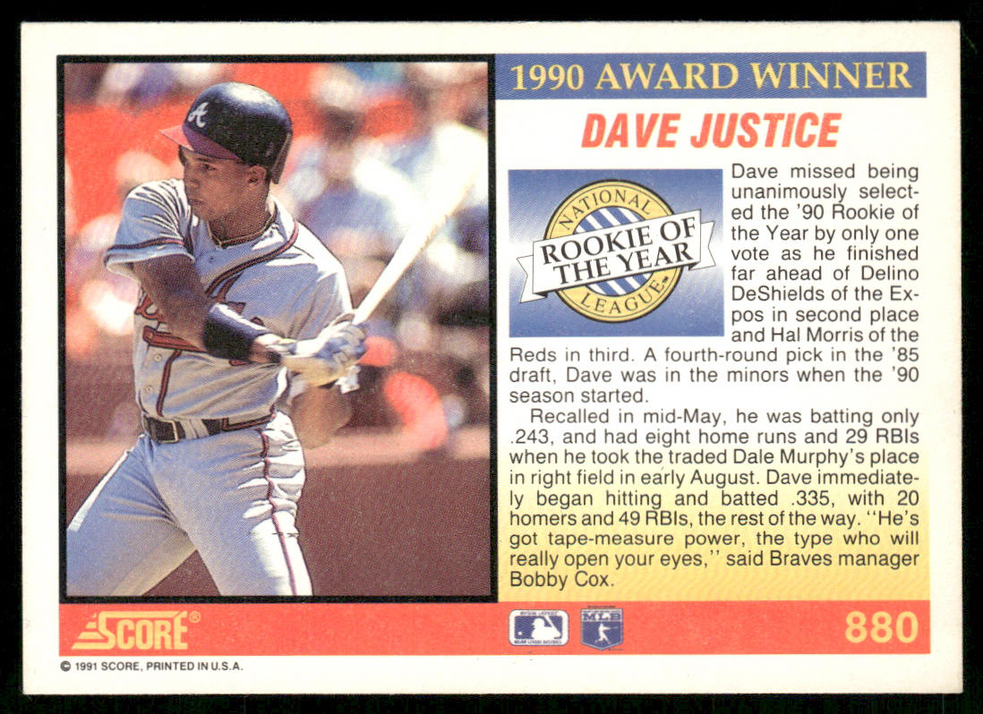 Dave Justice 1991 Score #880 Atlanta Braves