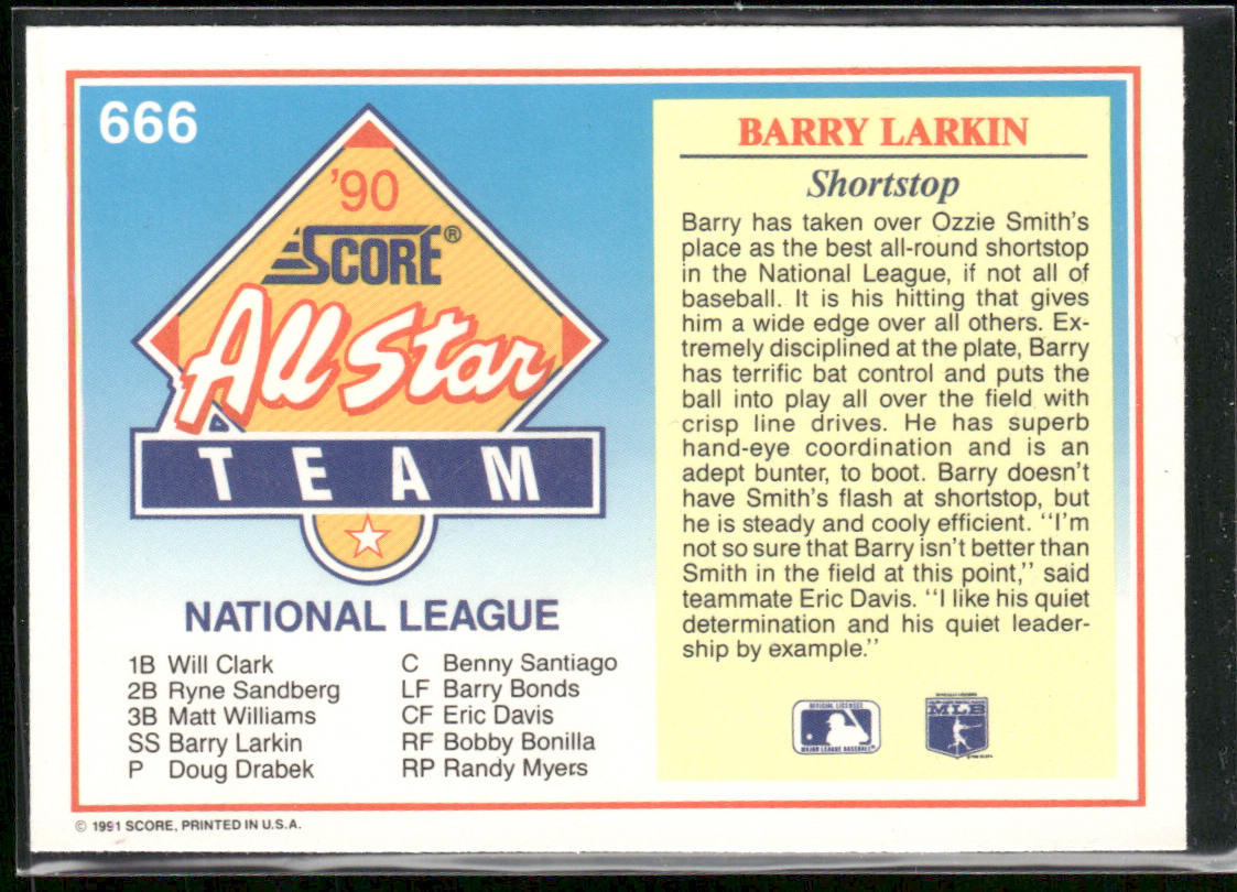 Barry Larkin 1991 Score #666 Cincinnati Reds