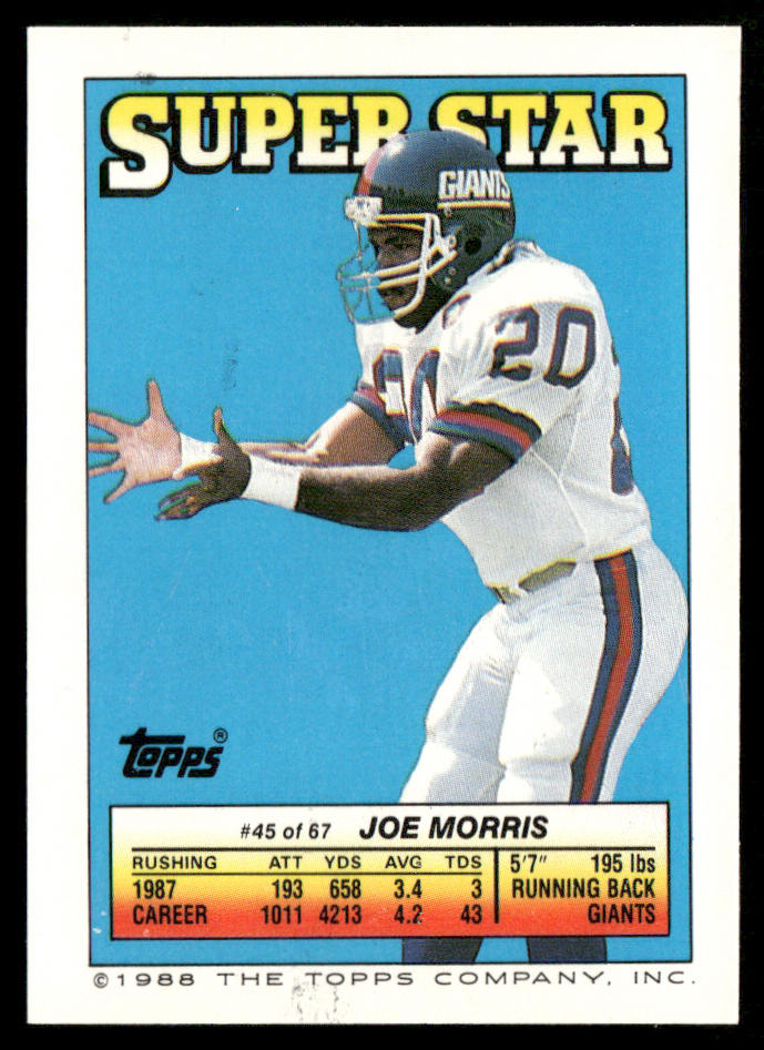 1988 Topps Stickers #12 / 209b Joe Morris 45 back