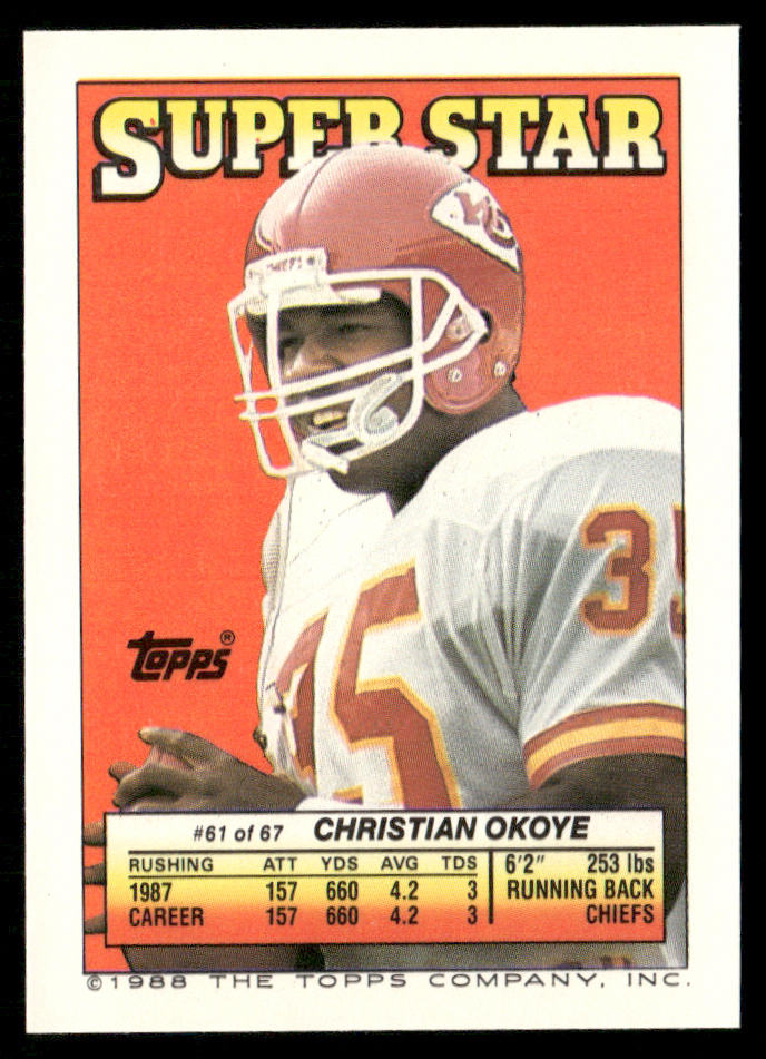 Anthony Carter 1988 Topps Stickers #123e Christian Okoye 61 Back Vikings
