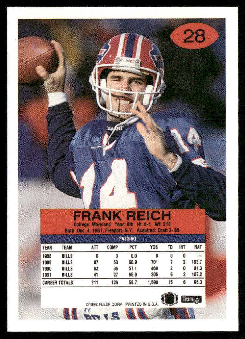 Frank Reich 1992 Fleer #28 Buffalo Bills