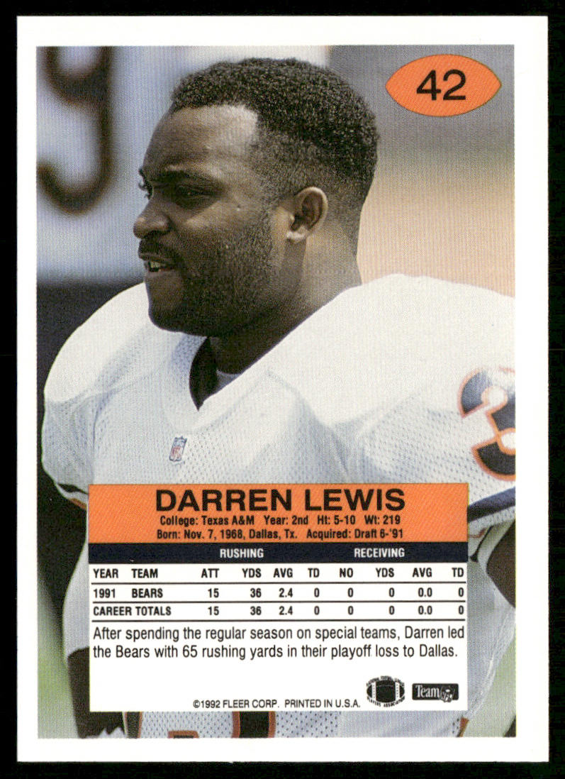 Darren Lewis 1992 Fleer #42 Chicago Bears