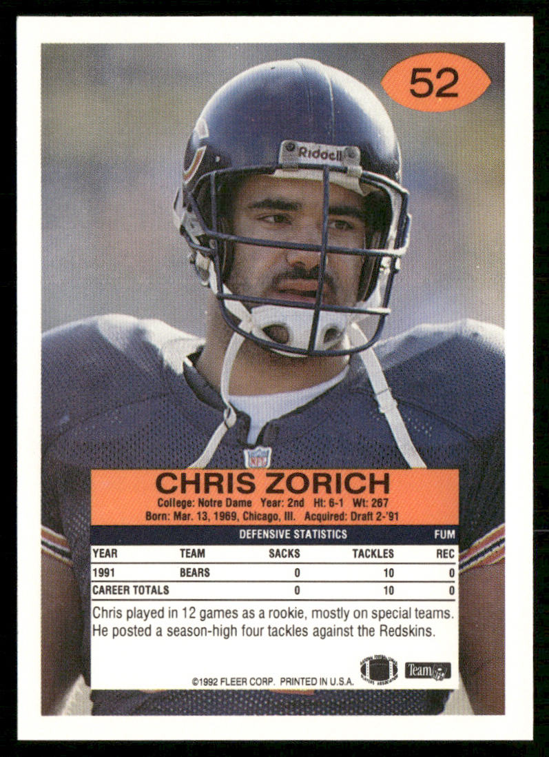 Chris Zorich 1992 Fleer #52 Chicago Bears