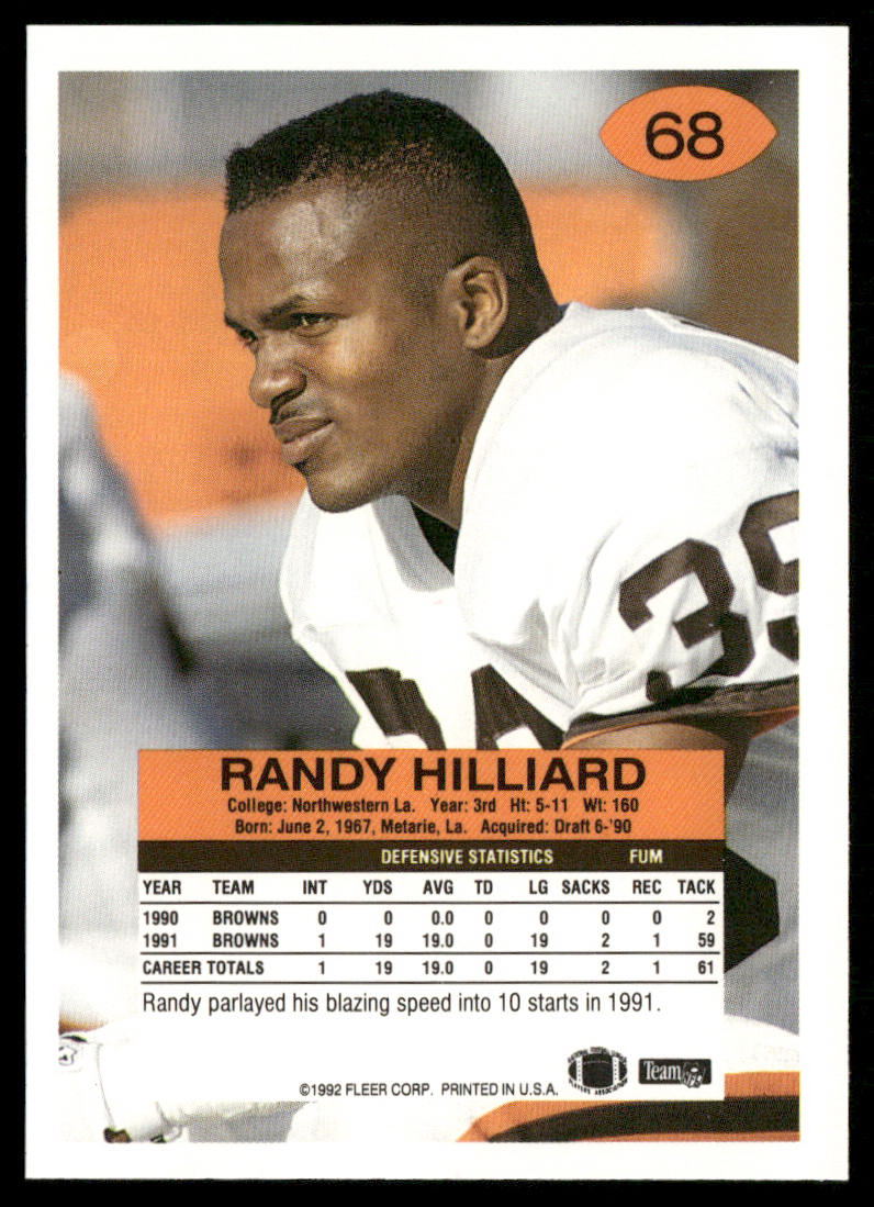 Randy Hilliard 1992 Fleer #68 RC Cleveland Browns