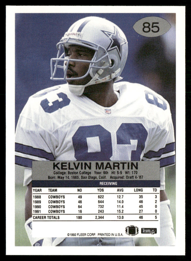 Kelvin Martin 1992 Fleer #85 Dallas Cowboys