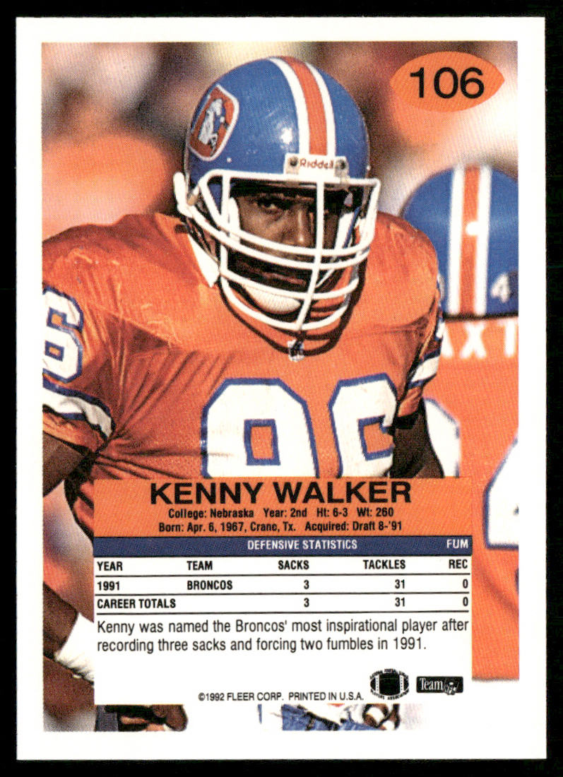Kenny Walker 1992 Fleer #106 Denver Broncos