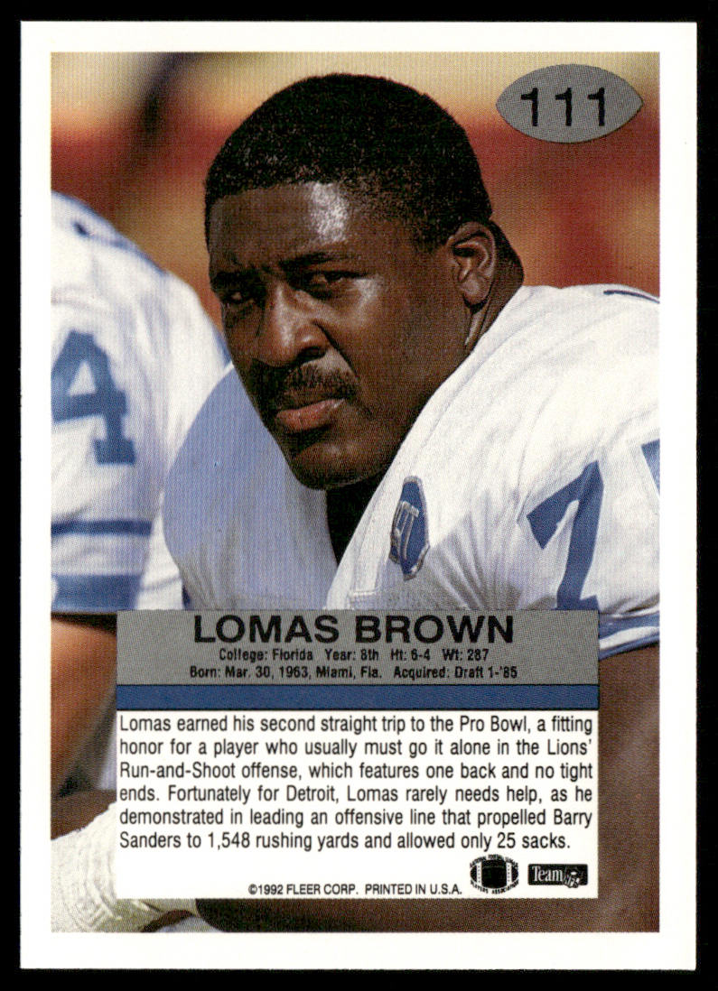 Lomas Brown 1992 Fleer #111 Detroit Lions