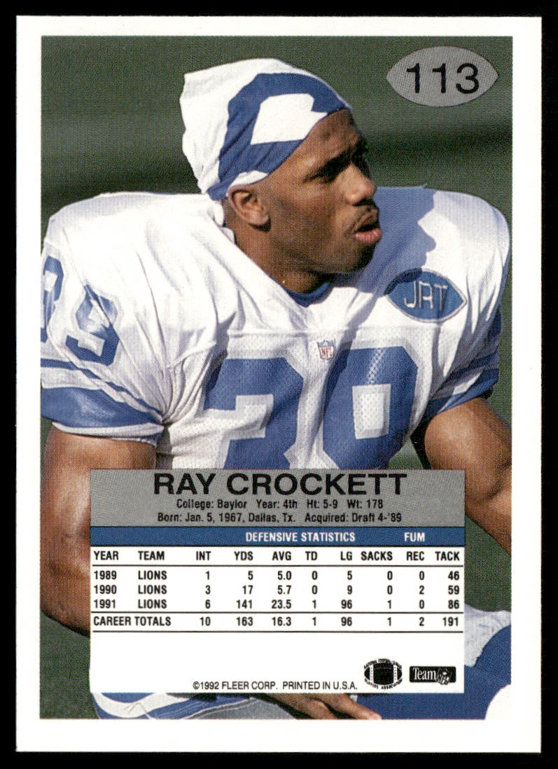 Ray Crockett 1992 Fleer #113 Detroit Lions