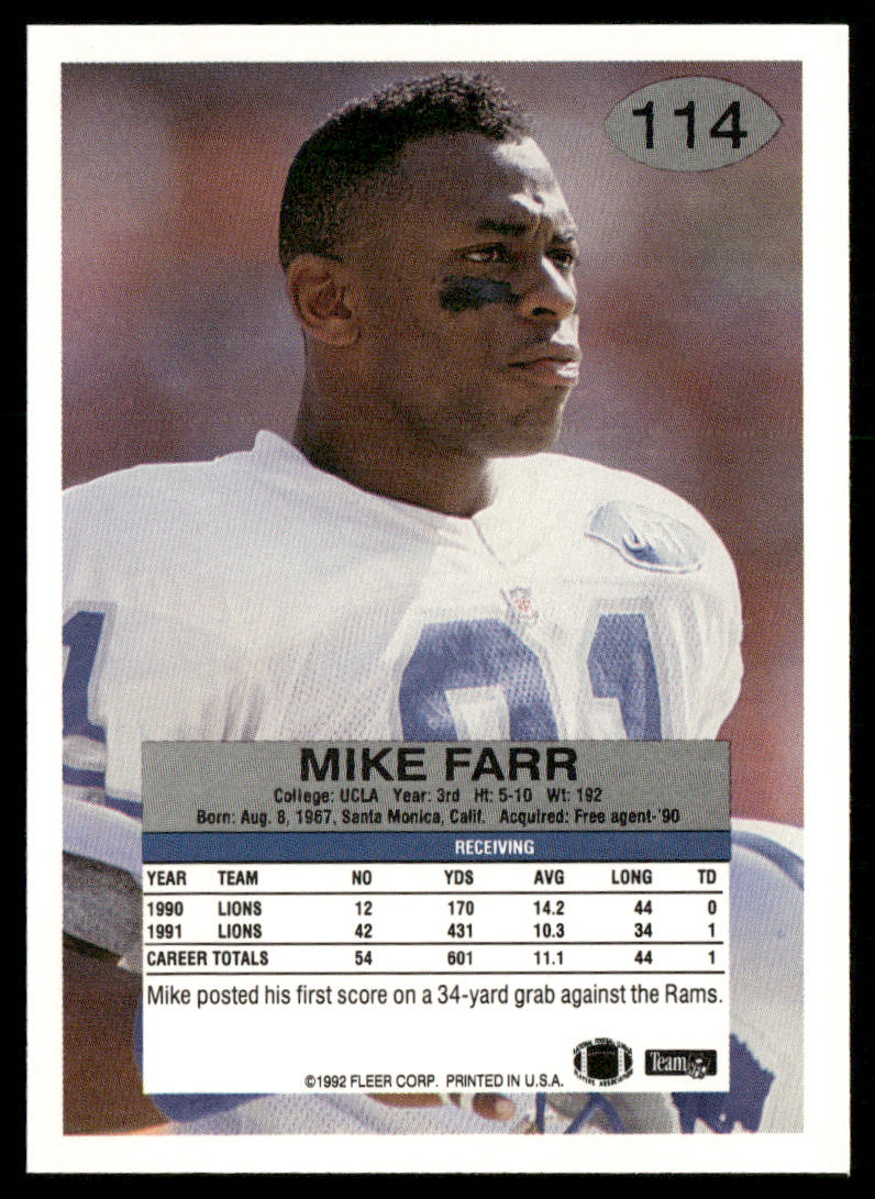 Mike Farr 1992 Fleer #114 Detroit Lions