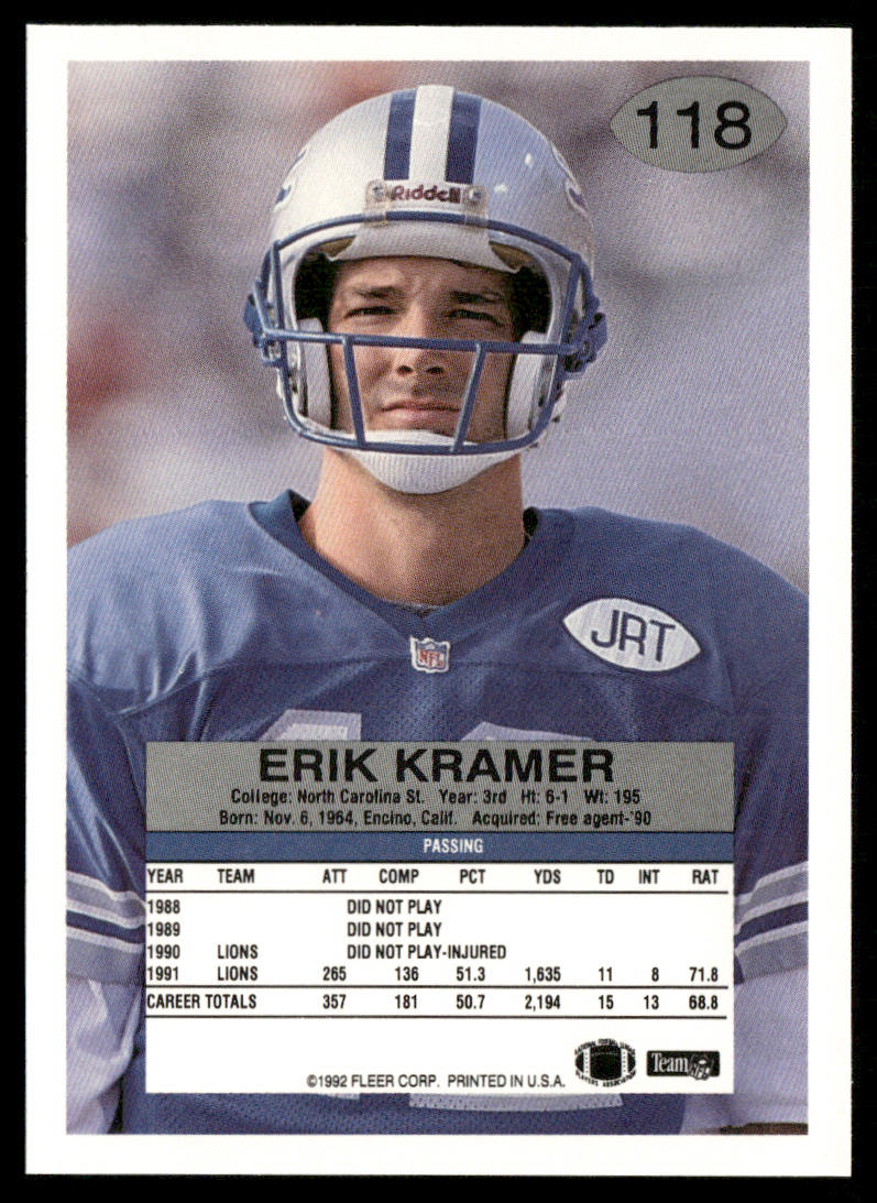 Erik Kramer 1992 Fleer #118 Detroit Lions