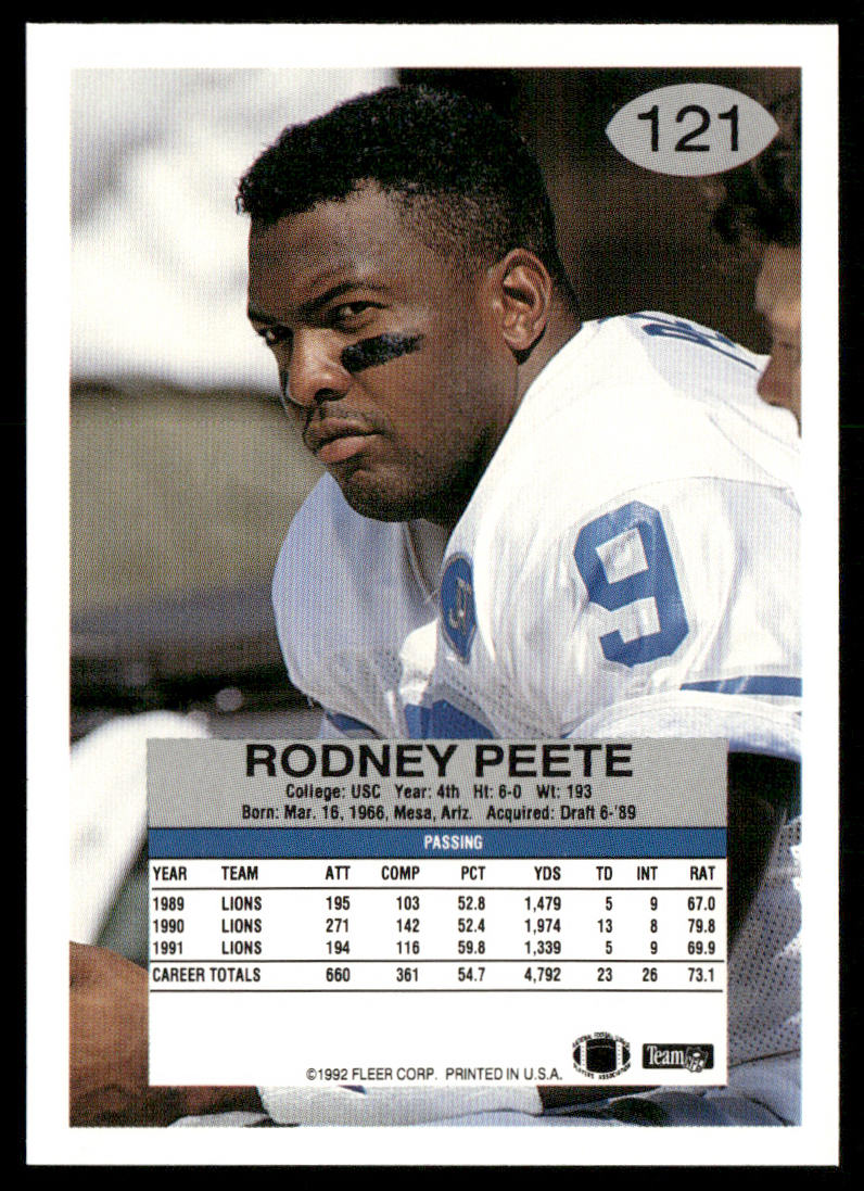 Rodney Peete 1992 Fleer #121 Detroit Lions
