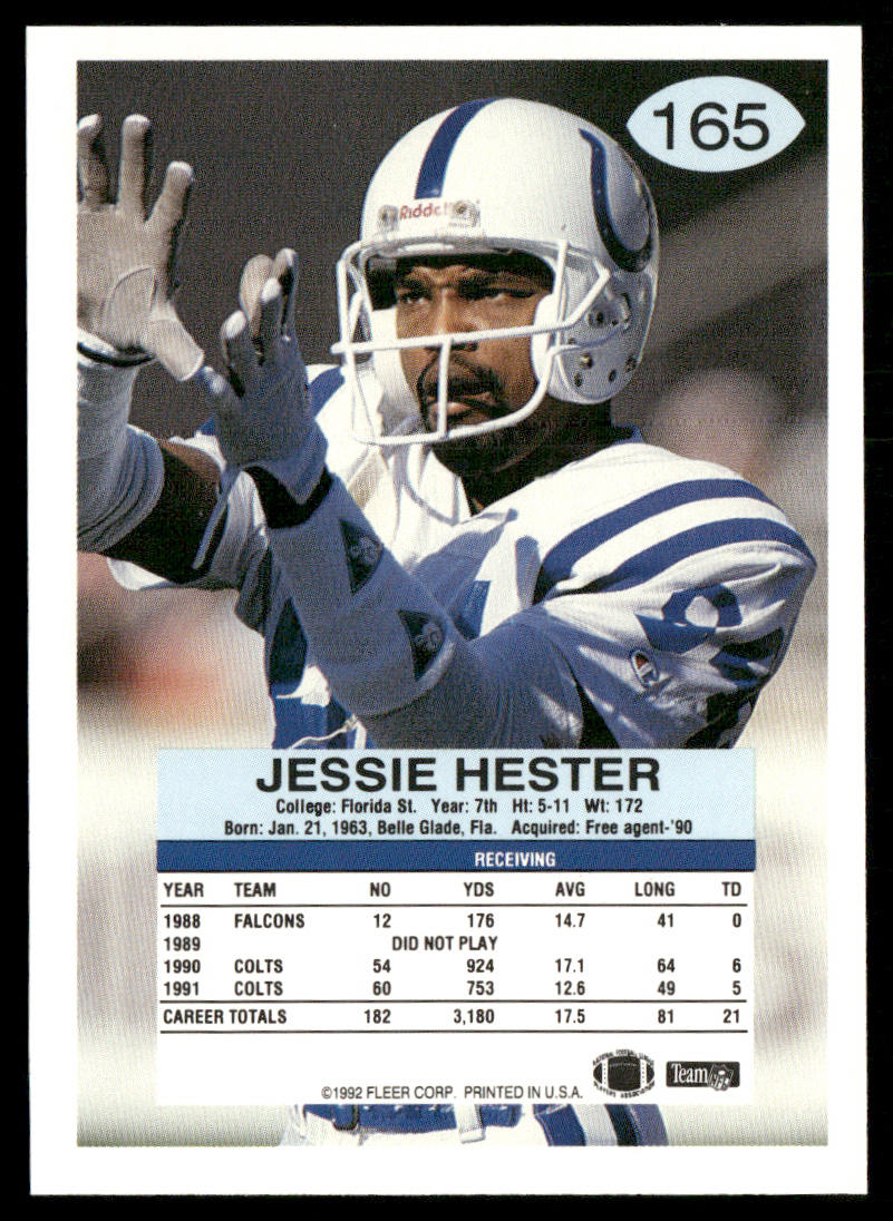 Jessie Hester 1992 Fleer #165 Indianapolis Colts