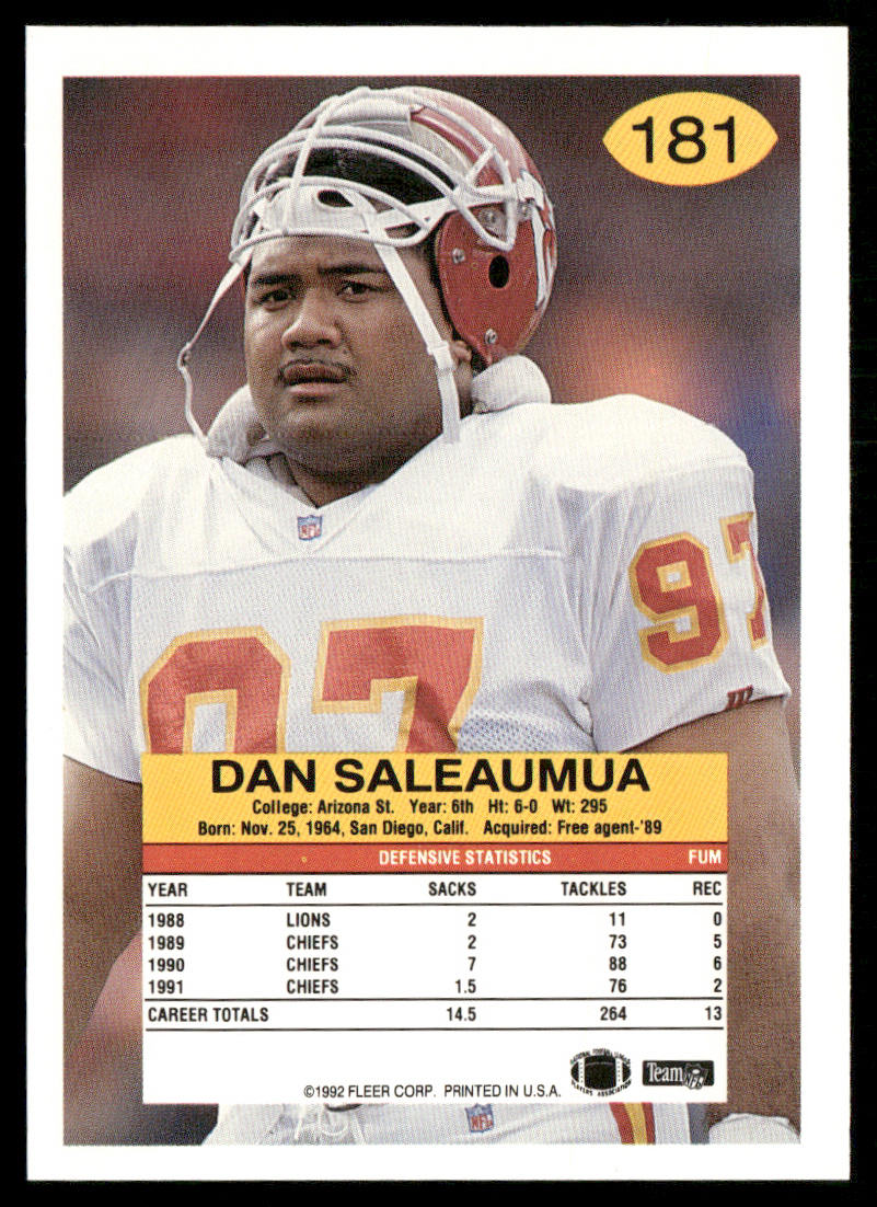 Dan Saleaumua 1992 Fleer #181 Kansas City Chiefs