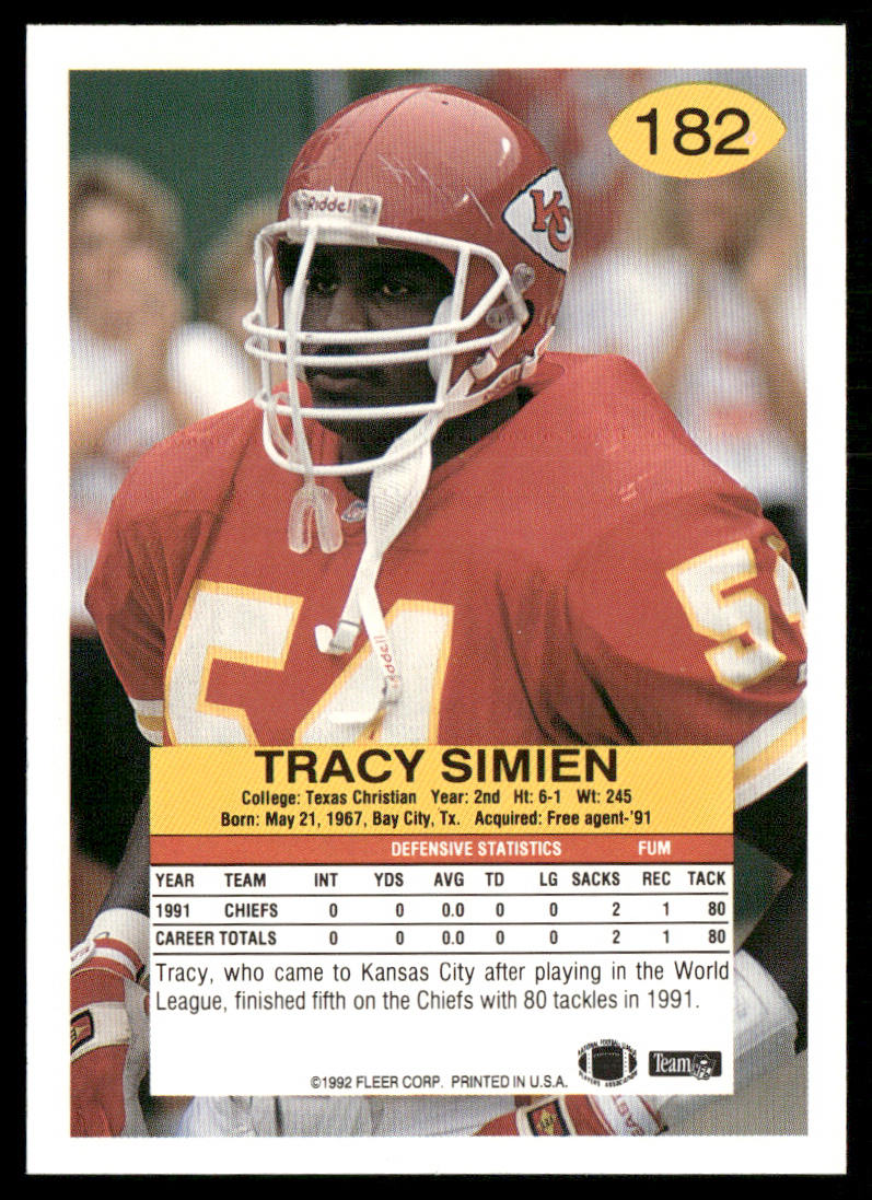 Tracy Simien 1992 Fleer #182 RC Kansas City Chiefs