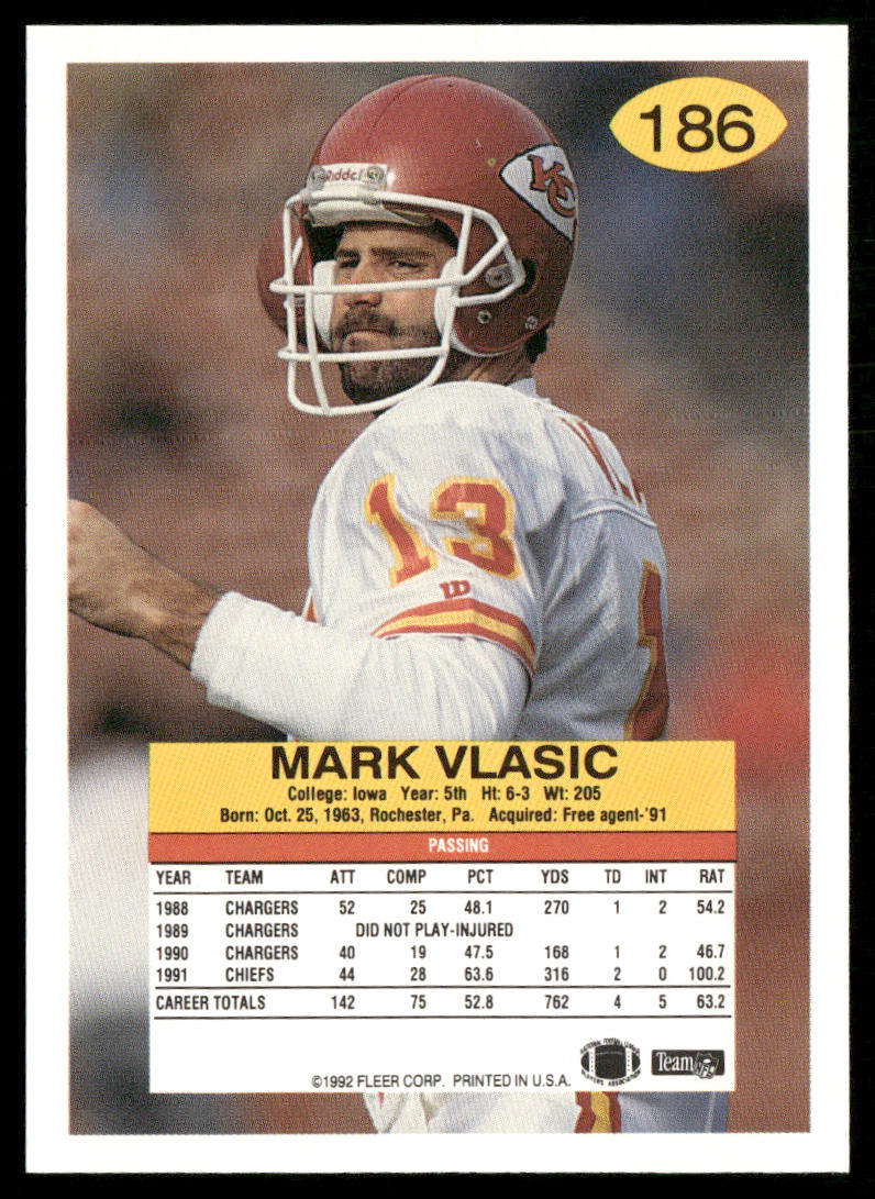 Mark Vlasic 1992 Fleer #186 Kansas City Chiefs