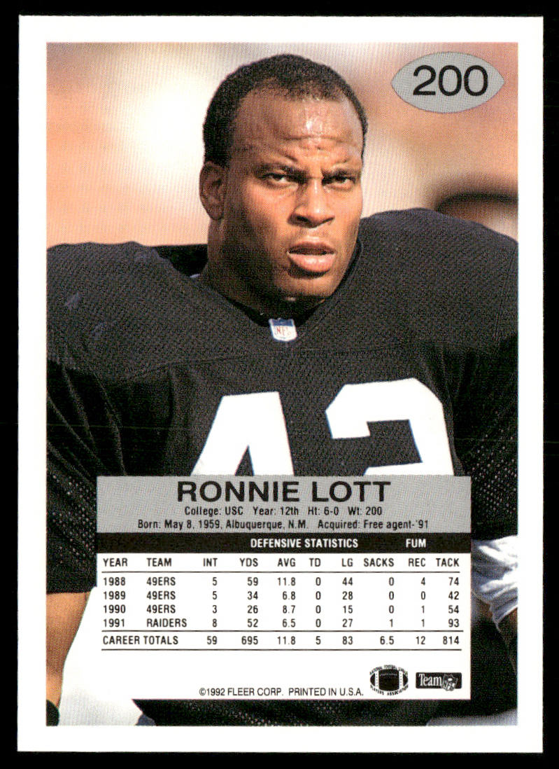 Ronnie Lott 1992 Fleer #200 Los Angeles Raiders