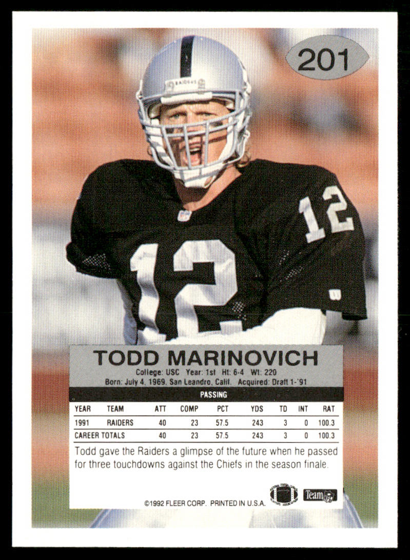 Todd Marinovich 1992 Fleer #201 Los Angeles Raiders