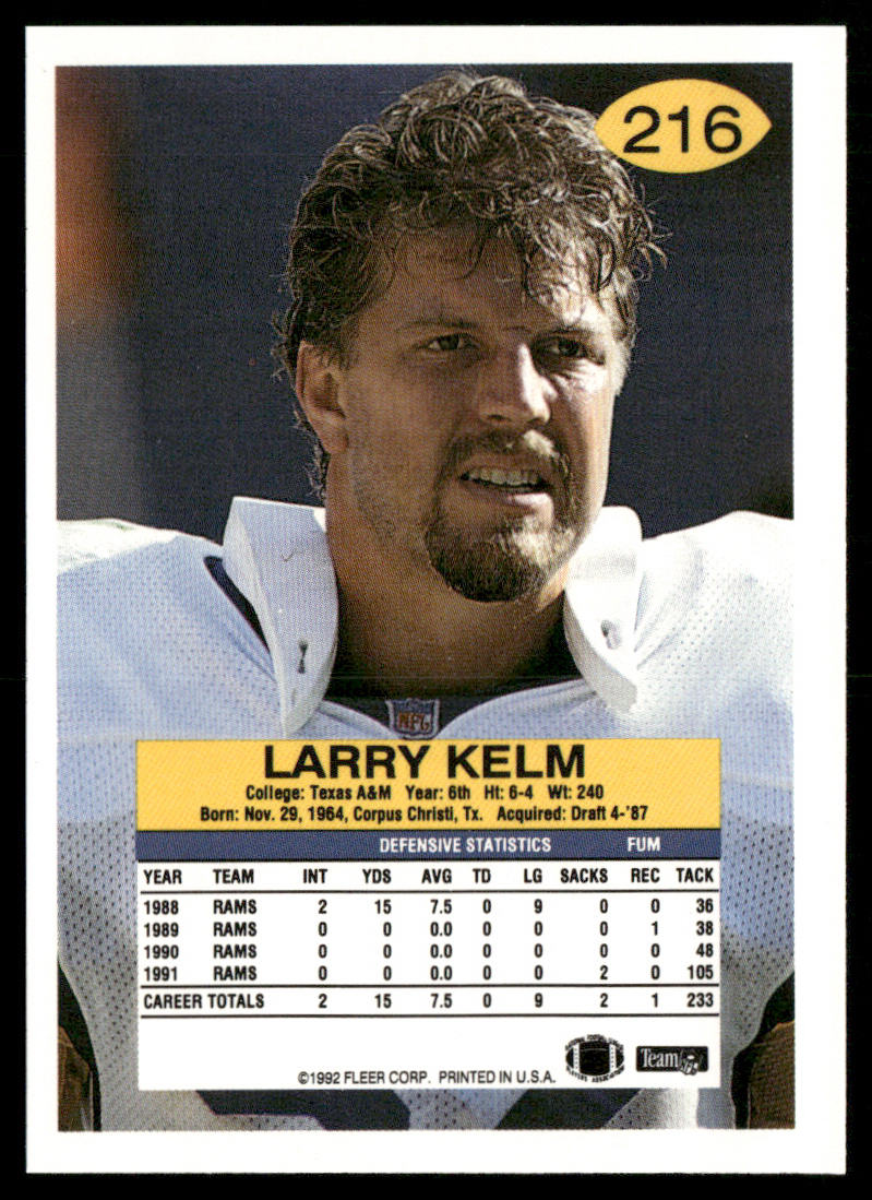 Larry Kelm 1992 Fleer #216 Los Angeles Rams