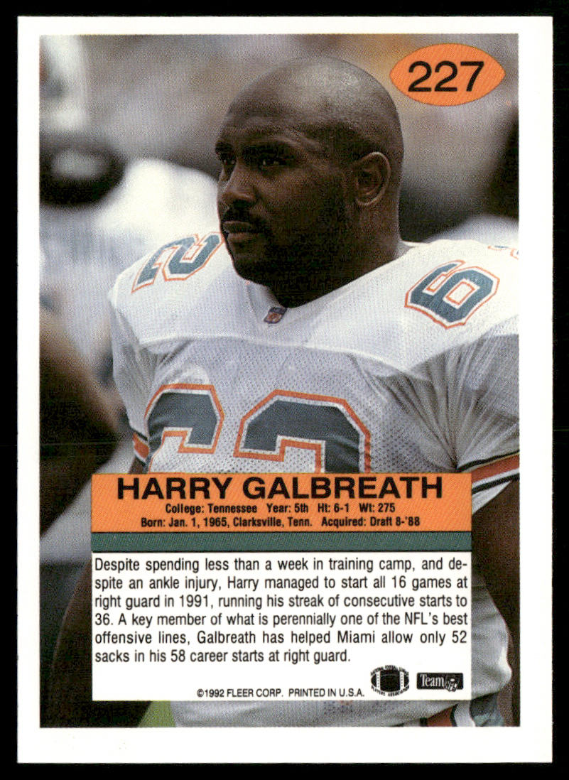 Harry Galbreath 1992 Fleer #227 Miami Dolphins