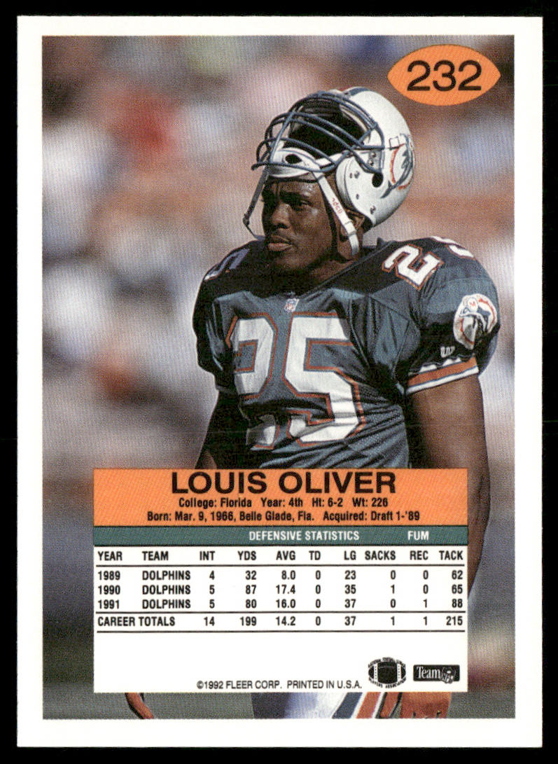 Louis Oliver 1992 Fleer #232 Miami Dolphins