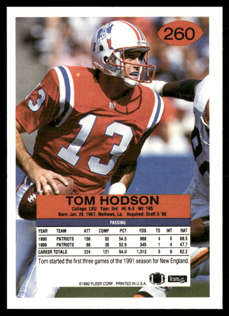 Tom Hodson 1992 Fleer #260 New England Patriots