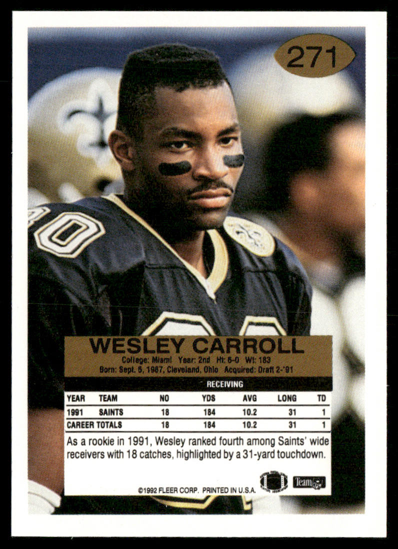 Wesley Carroll 1992 Fleer #271 New Orleans Saints