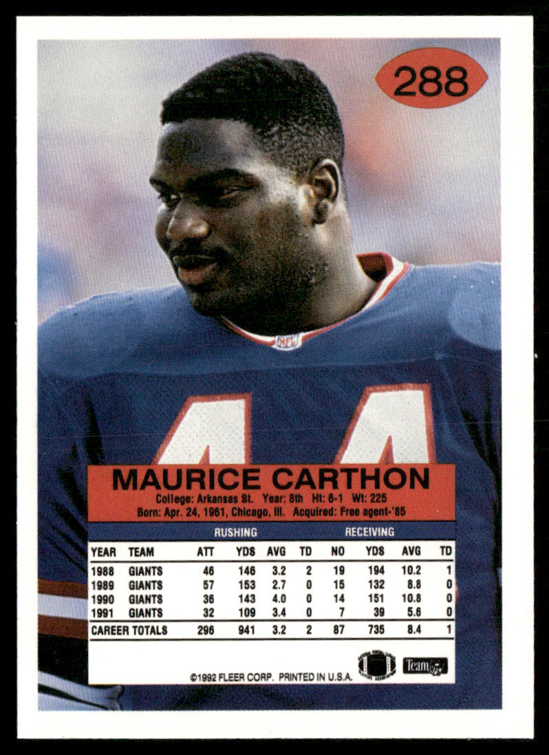 Maurice Carthon 1992 Fleer #288 New York Giants