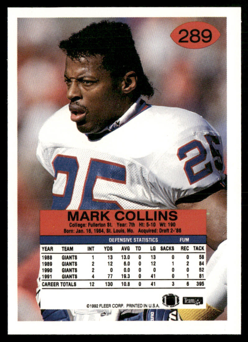 Mark Collins 1992 Fleer #289 New York Giants
