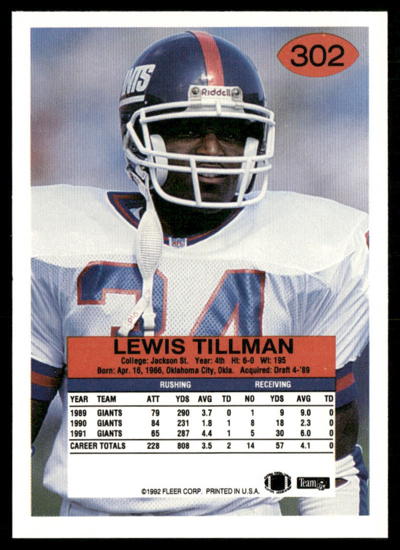 Lewis Tillman 1992 Fleer #302 New York Giants