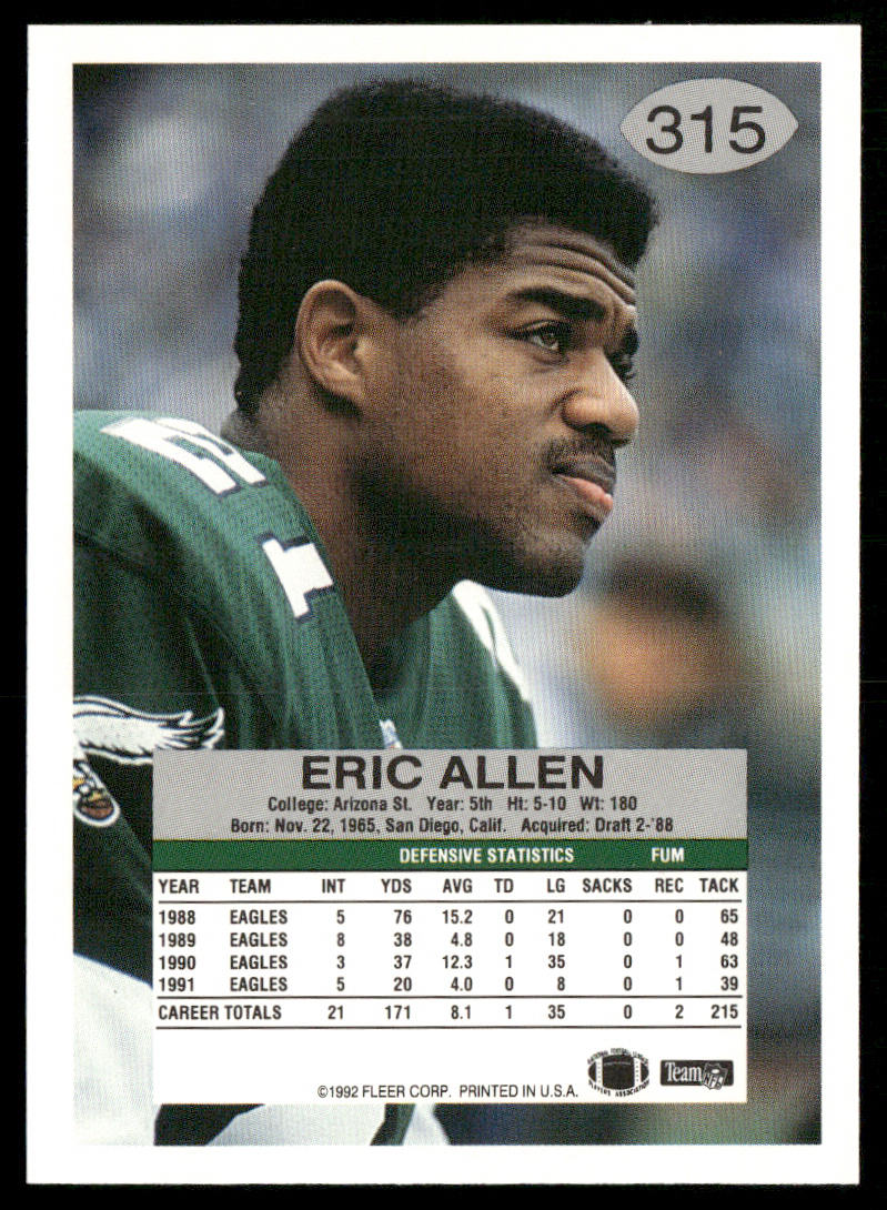 Eric Allen 1992 Fleer #315 Philadelphia Eagles