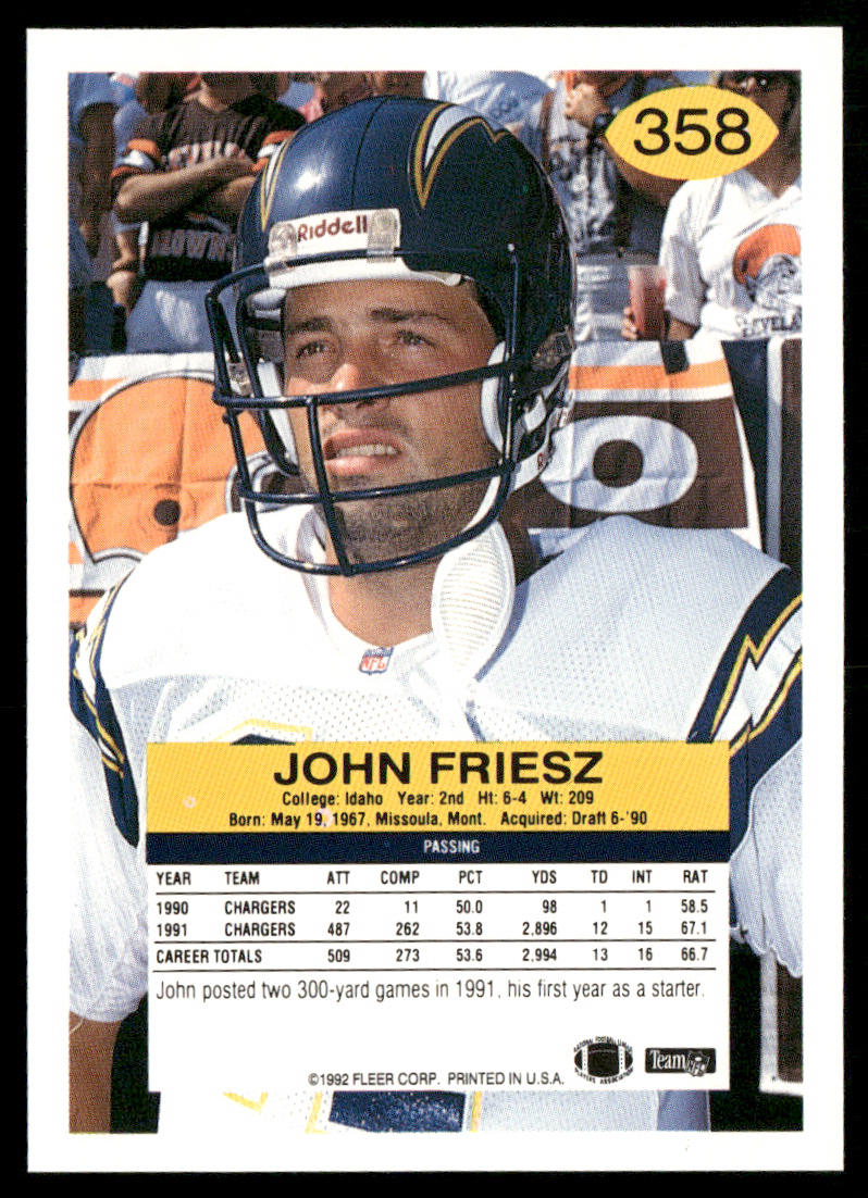 John Friesz 1992 Fleer #358 San Diego Chargers