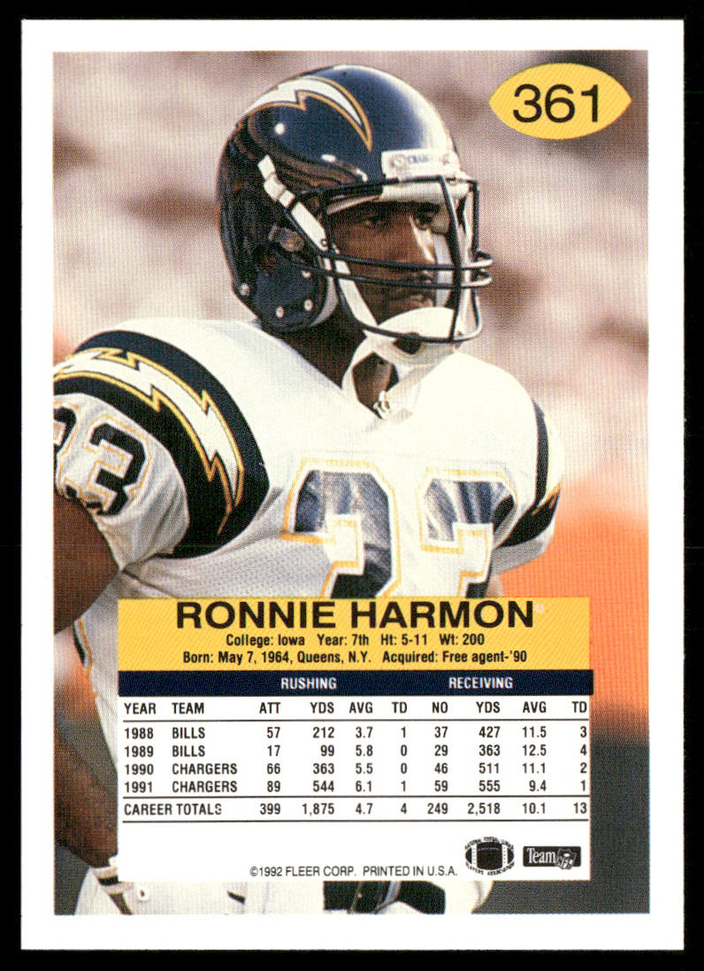 Ronnie Harmon 1992 Fleer #361 San Diego Chargers
