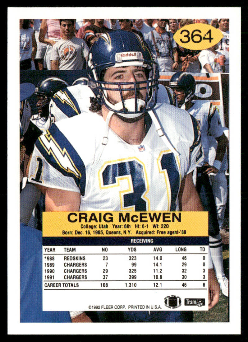 Craig McEwen 1992 Fleer #364 RC San Diego Chargers