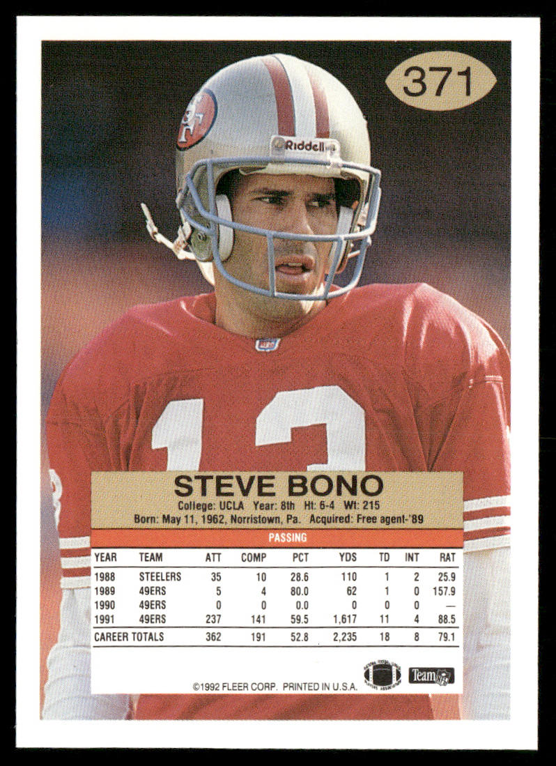 Steve Bono 1992 Fleer #371 RC San Francisco 49ers