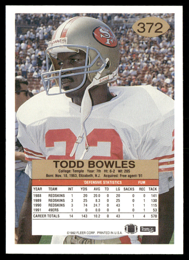 Todd Bowles 1992 Fleer #372 San Francisco 49ers
