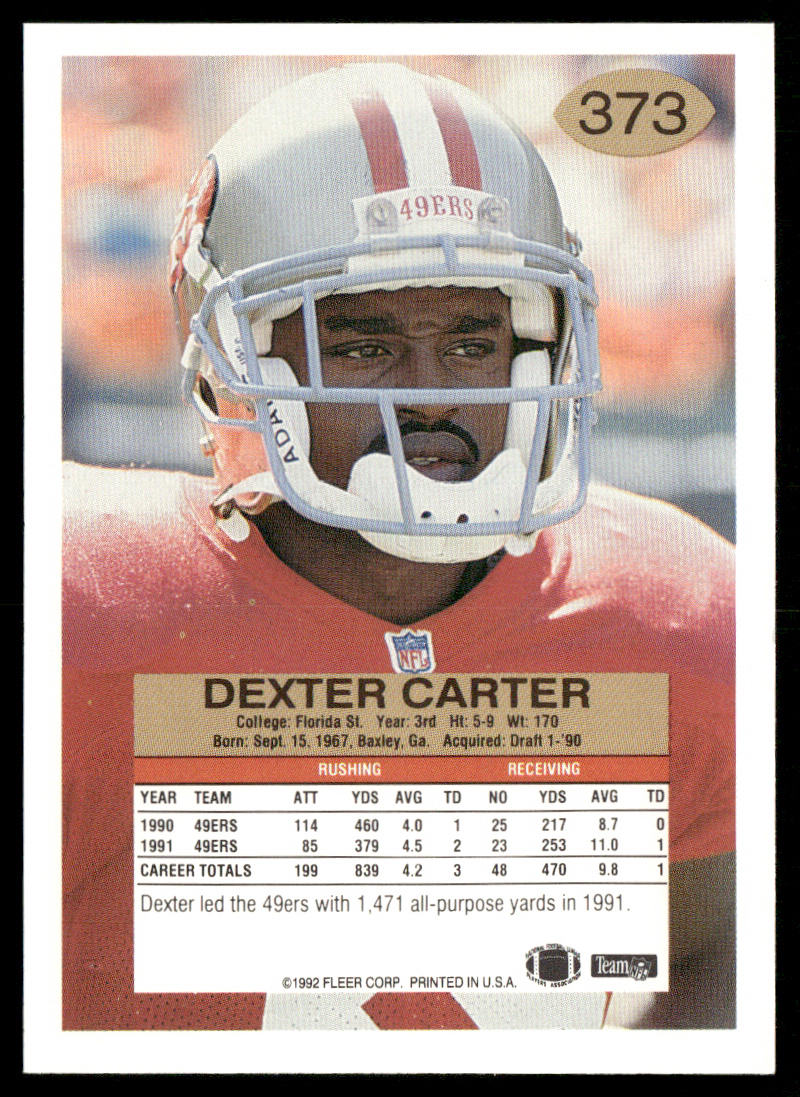 Dexter Carter 1992 Fleer #373 San Francisco 49ers